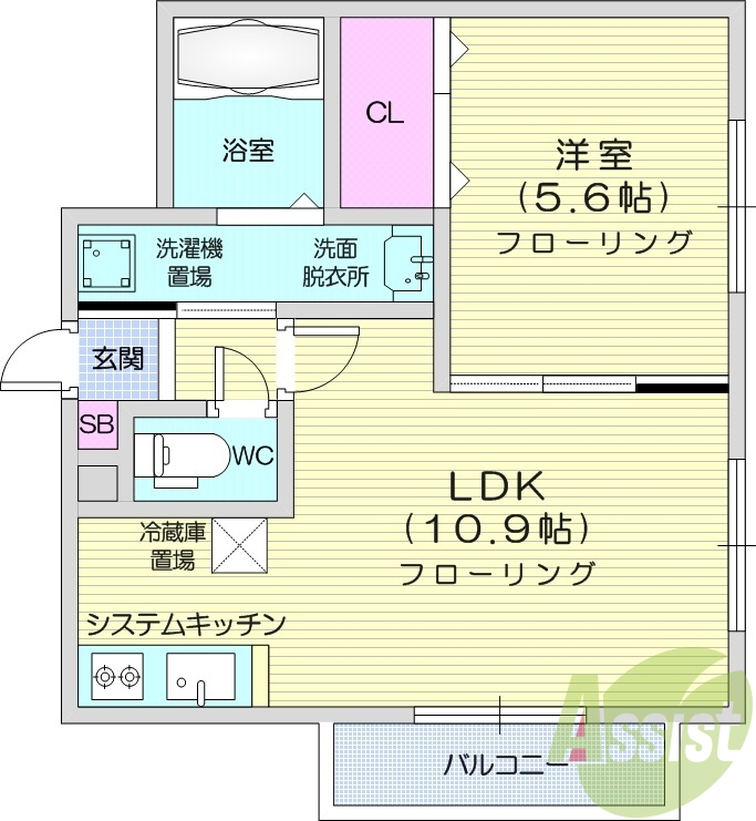 1LDK、エアコン、都市ガス、システムキッチン