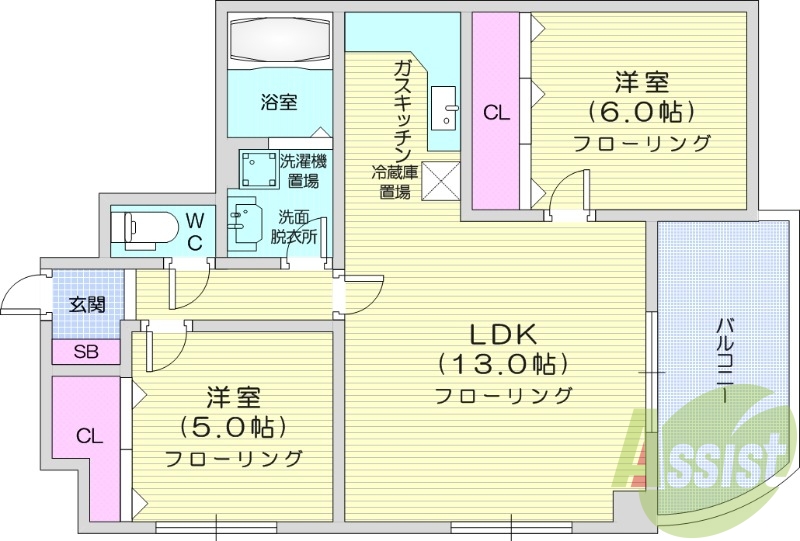 2LDK、灯油暖房、独立洗面台、ガスキッチン