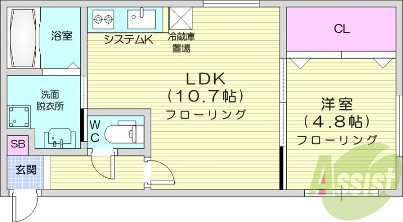1LDK、エアコン、都市ガス、システムキッチン