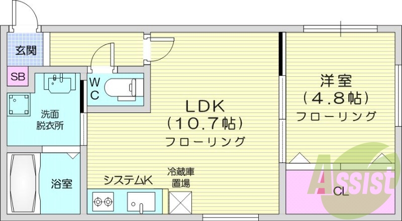 1LDK、エアコン、都市ガス、システムキッチン