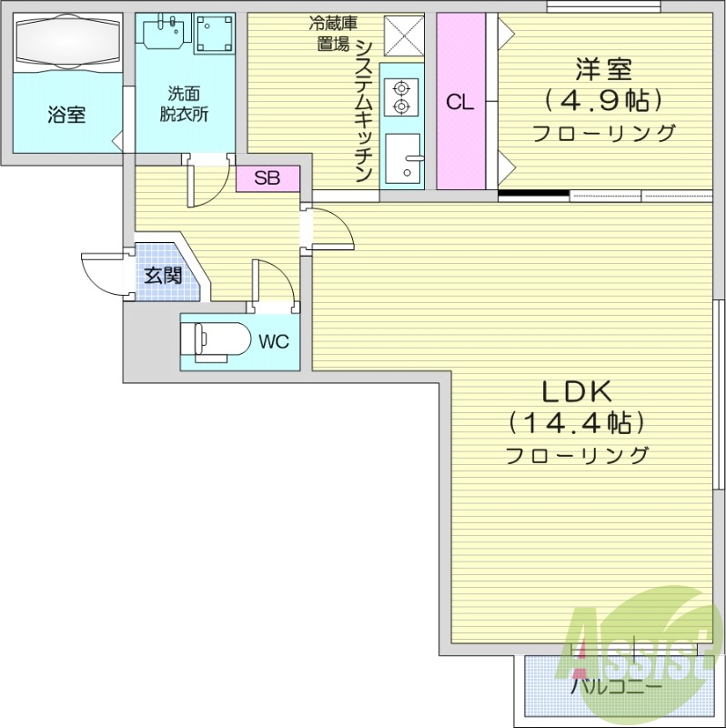 1LDK、収納、角部屋、都市ガス、ガス暖房