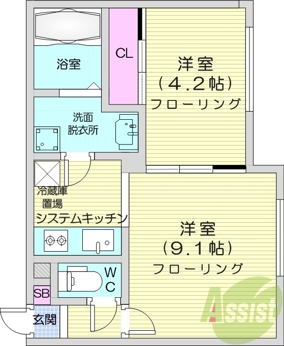 1LDK、エアコン、都市ガス、システムキッチン