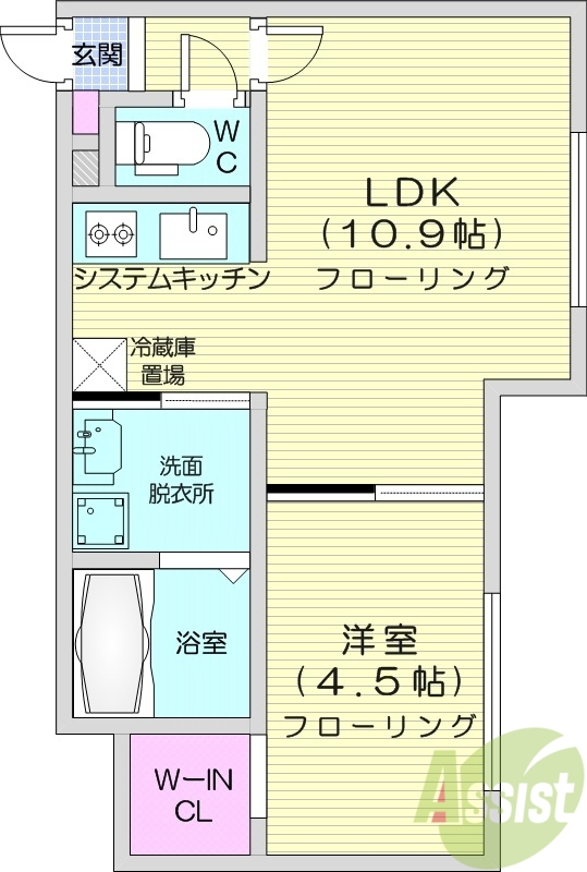 1LDK、エアコン、都市ガス、システムキッチン