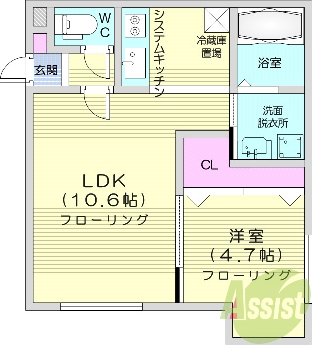 1LDK、エアコン、都市ガス、システムキッチン
