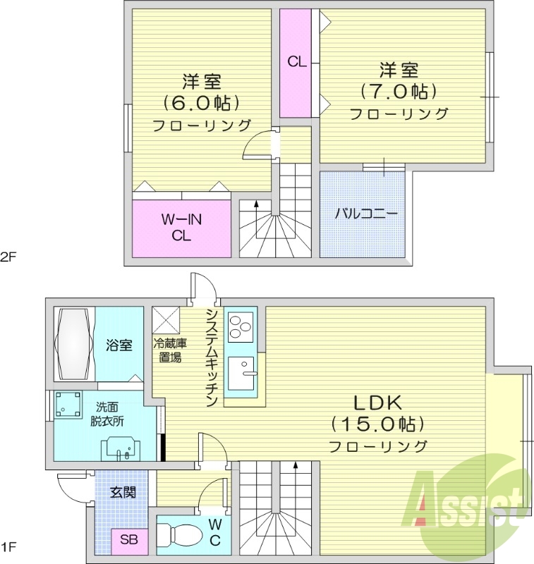 2LDK、システムキッチン、メゾネット、ロードヒーティング