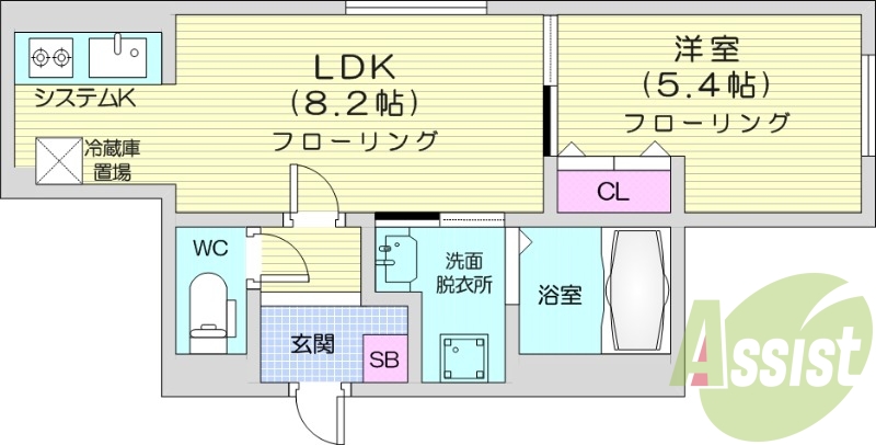 1LDK、都市ガス、エアコン、システムキッチン