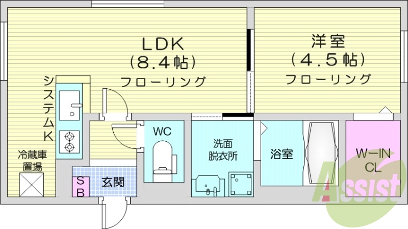 1LDK、都市ガス、エアコン、システムキッチン