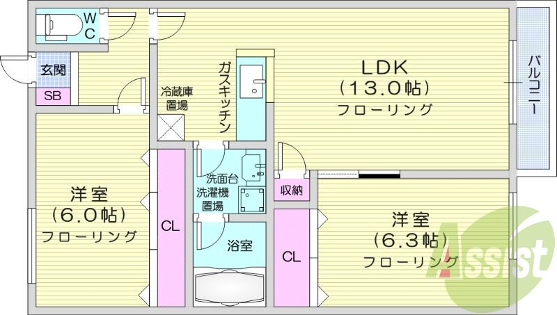 2LDK、都市ガス、追い焚き機能、オートロック、独立洗面台