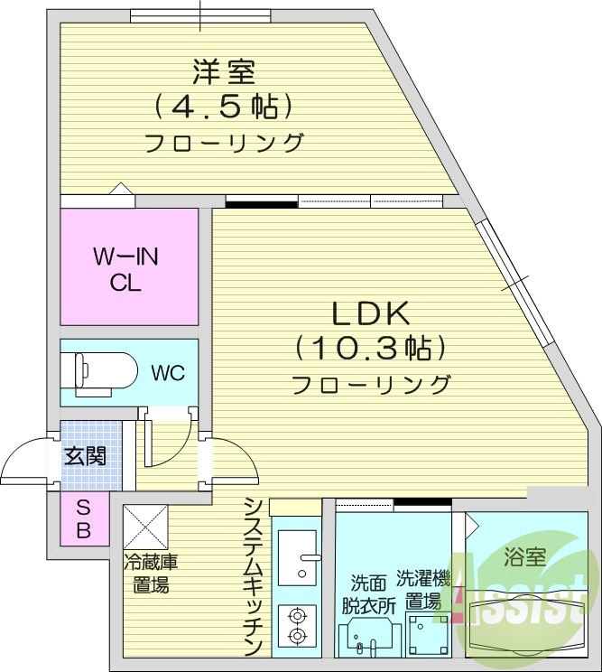1LDK、角部屋、都市ガス、追い焚き、浴室乾燥機