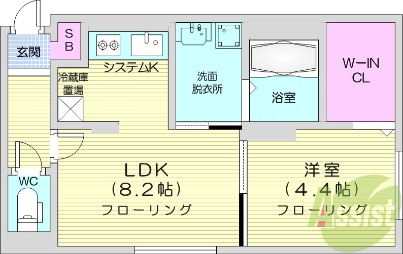 1LDK、都市ガス、エアコン、システムキッチン