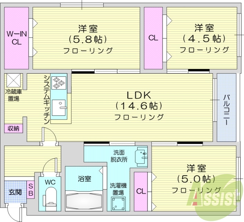 3LDK、エアコン、都市ガス、宅配ボックス、ネット無料