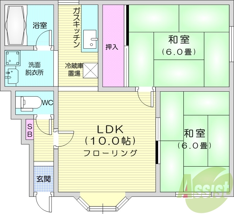 2LDK、都市ガス、独立洗面台、バストイレ別