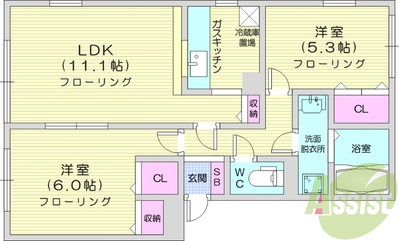 2LDK、独立洗面台、灯油暖房、トランクルーム