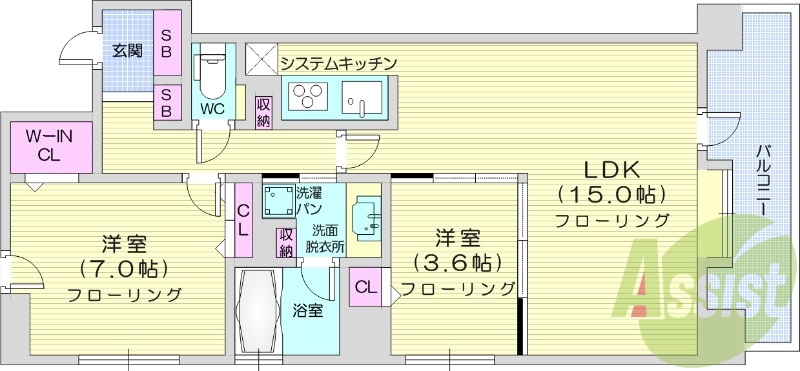 2LDK、都市ガス、システムキッチン、シャンプードレッサ