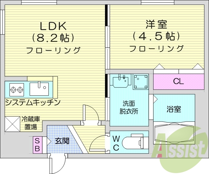 1LDK、都市ガス、エアコン、システムキッチン