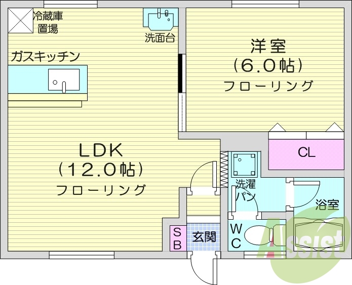 1LDK、バストイレ別、灯油暖房、ペット可