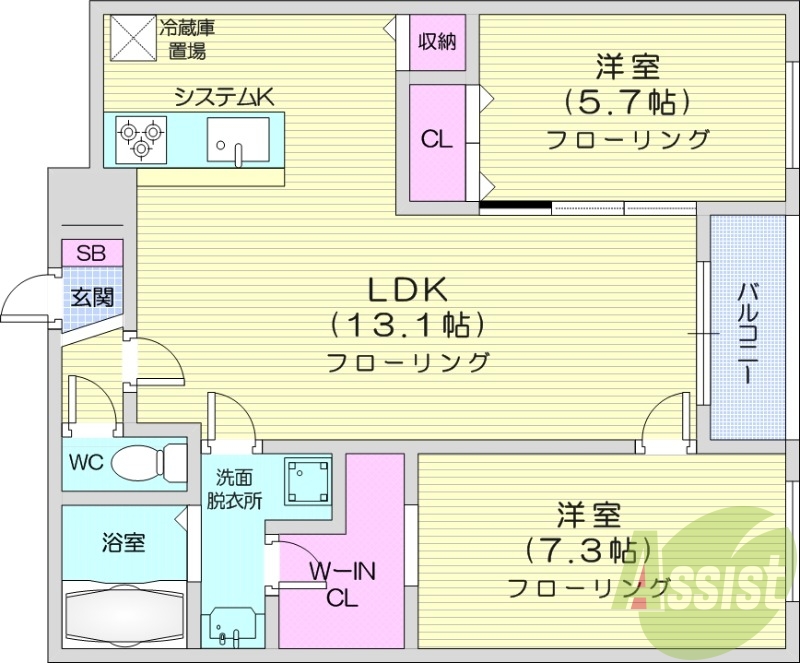 2LDK、都市ガス、エアコン、追い焚き、システムキッチン