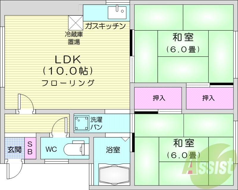 2LDK、灯油暖房、角部屋、ネット無料、バストイレ別