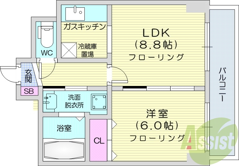 1LDK、灯油暖房、独立洗面台、シャワートイレ、バストイレ別