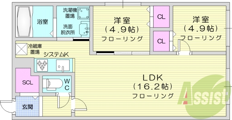 2LDK、都市ガス、システムキッチン、ネット無料