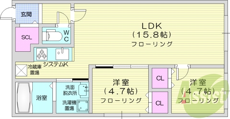 2LDK、都市ガス、システムキッチン、ネット無料