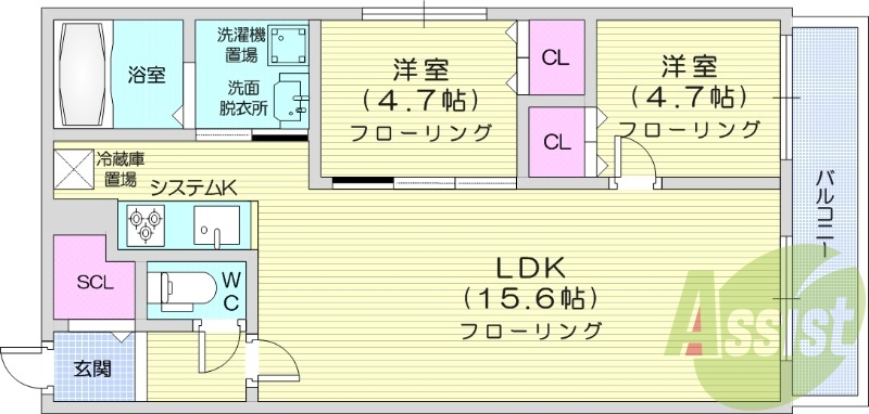 2LDK、都市ガス、システムキッチン、ネット無料