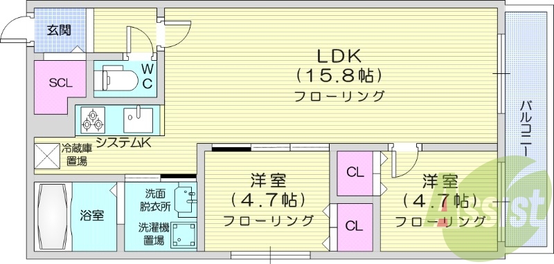 2LDK、都市ガス、システムキッチン、ネット無料
