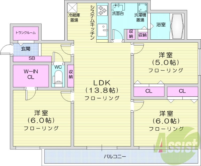 3LDK、追い焚き、エアコン、浴室乾燥機、システムキッチン