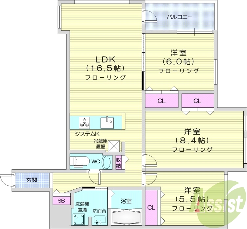 3LDK、追い焚き、対面キッチン、エアコン