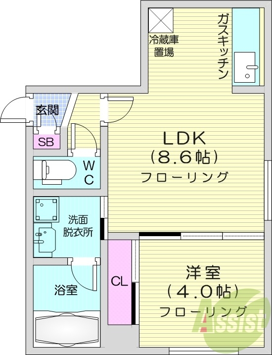 1LDK、都市ガス、エアコン、浴室乾燥機