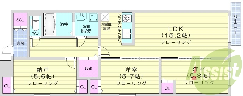 3LDK、都市ガス、エアコン、追い焚き、浴室乾燥機