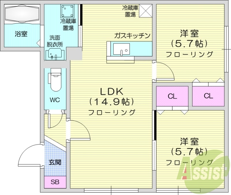 2LDK、対面キッチン、シャワートイレ、独立洗面台