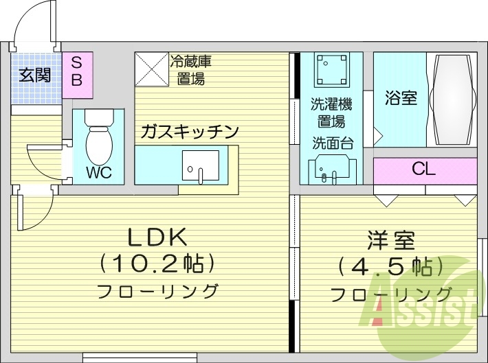 1LDK、独立洗面台、対面キッチン、モニタ付インターホン
