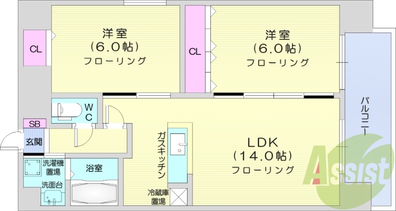 2LDK、オートロック、バストイレ別、ペット可