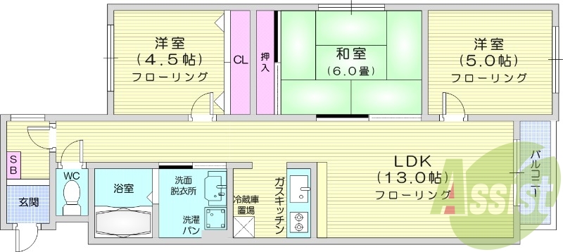 3LDK、独立洗面台、バストイレ別、光ファイバー