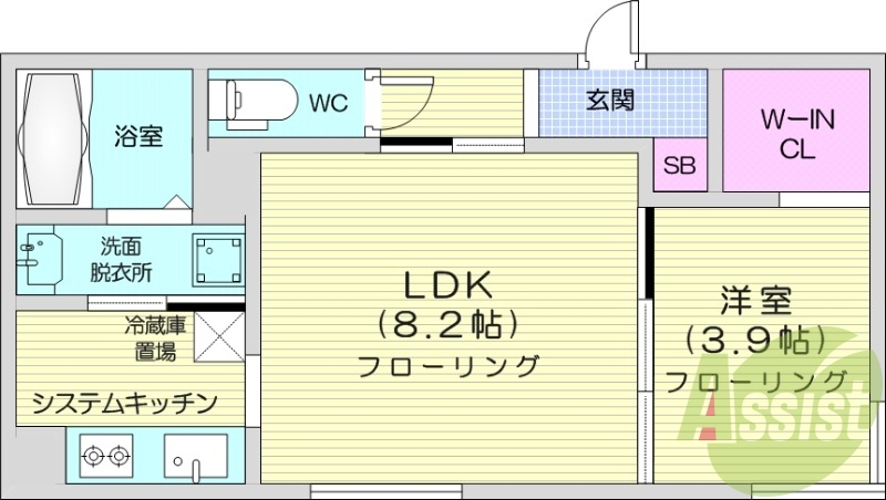 1LDK、システムキッチン、エアコン、独立洗面台