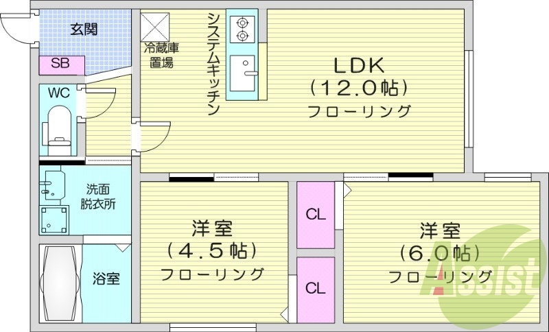 2LDK、都市ガス、エアコン、システムキッチン、浴室乾燥機