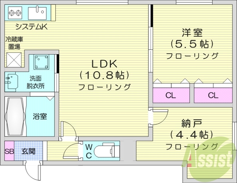 2LDK、都市ガス、エアコン、システムキッチン、浴室乾燥機