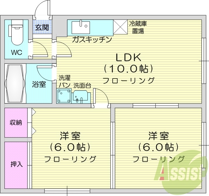 2LDK、エアコン、独立洗面台、モニター付きインターホン