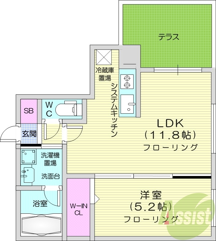 1LDK、都市ガス、エアコン、追い焚き、システムキッチン