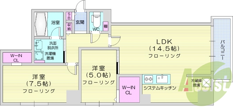 2LDK、都市ガス、ネット無料、エアコン