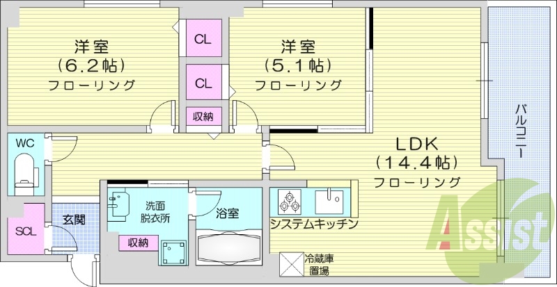 2LDK、クローゼット、床暖房、浴室乾燥機、ウォシュレット