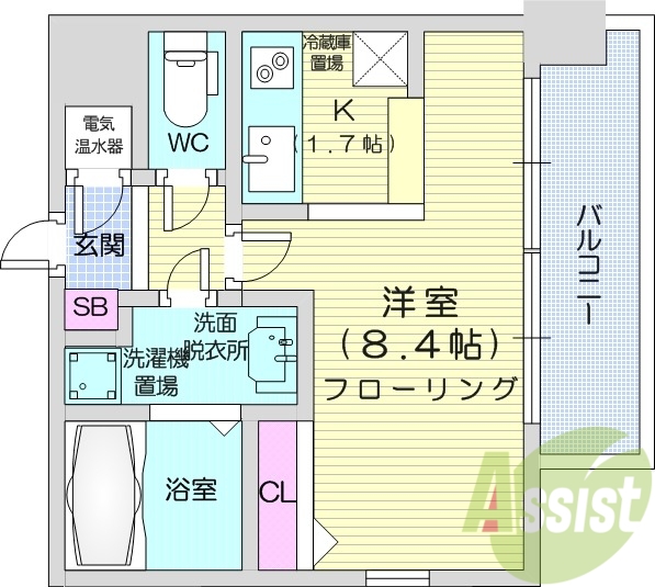 1K、バストイレ別、バルコニー、クローゼット、オール電化