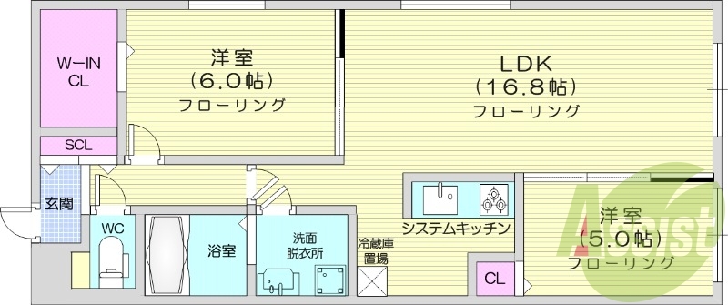 2LDK、都市ガス、エアコン、追い焚き、浴室乾燥機