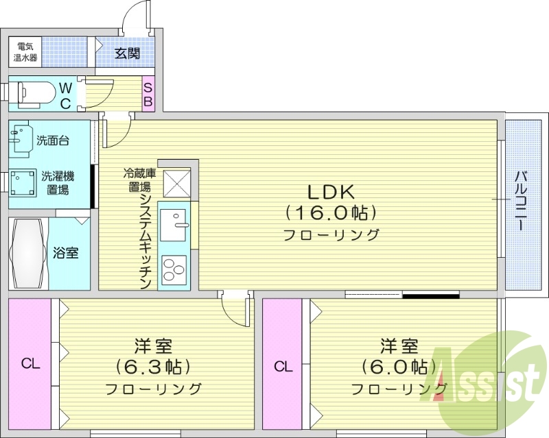 2LDK、電気暖房、一坪バス、システムキッチン、オートロック