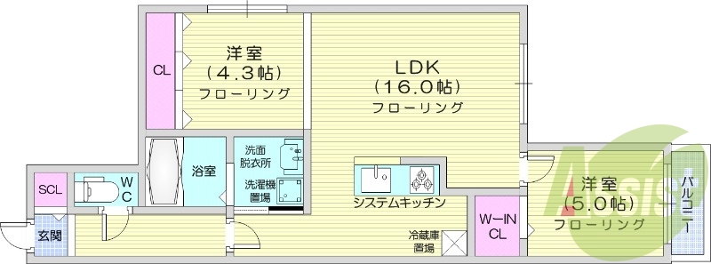 2LDK、都市ガス、エアコン、システムキッチン、ペット可
