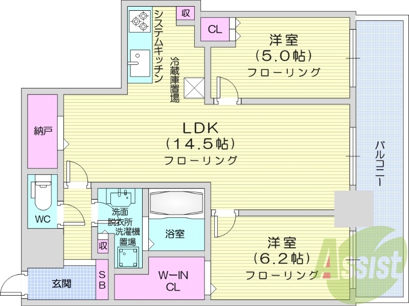2LDK、システムキッチン、シャワートイレ、追い焚き