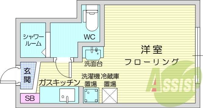 1R、都市ガス、独立洗面台、インターホン、シューズボックス