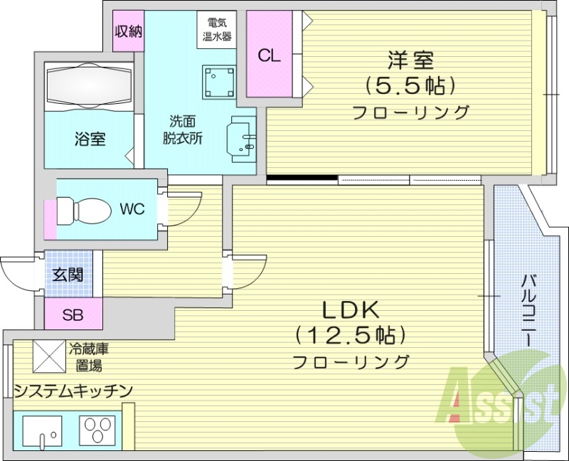 1LDK、オール電化、独立洗面台、システムキッチン