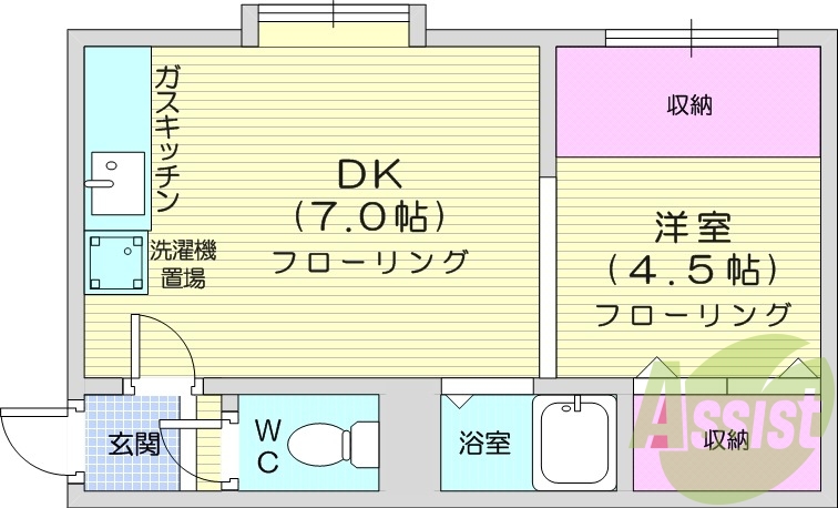 1DK、エアコン、灯油暖房、バストイレ別、ガスキッチン